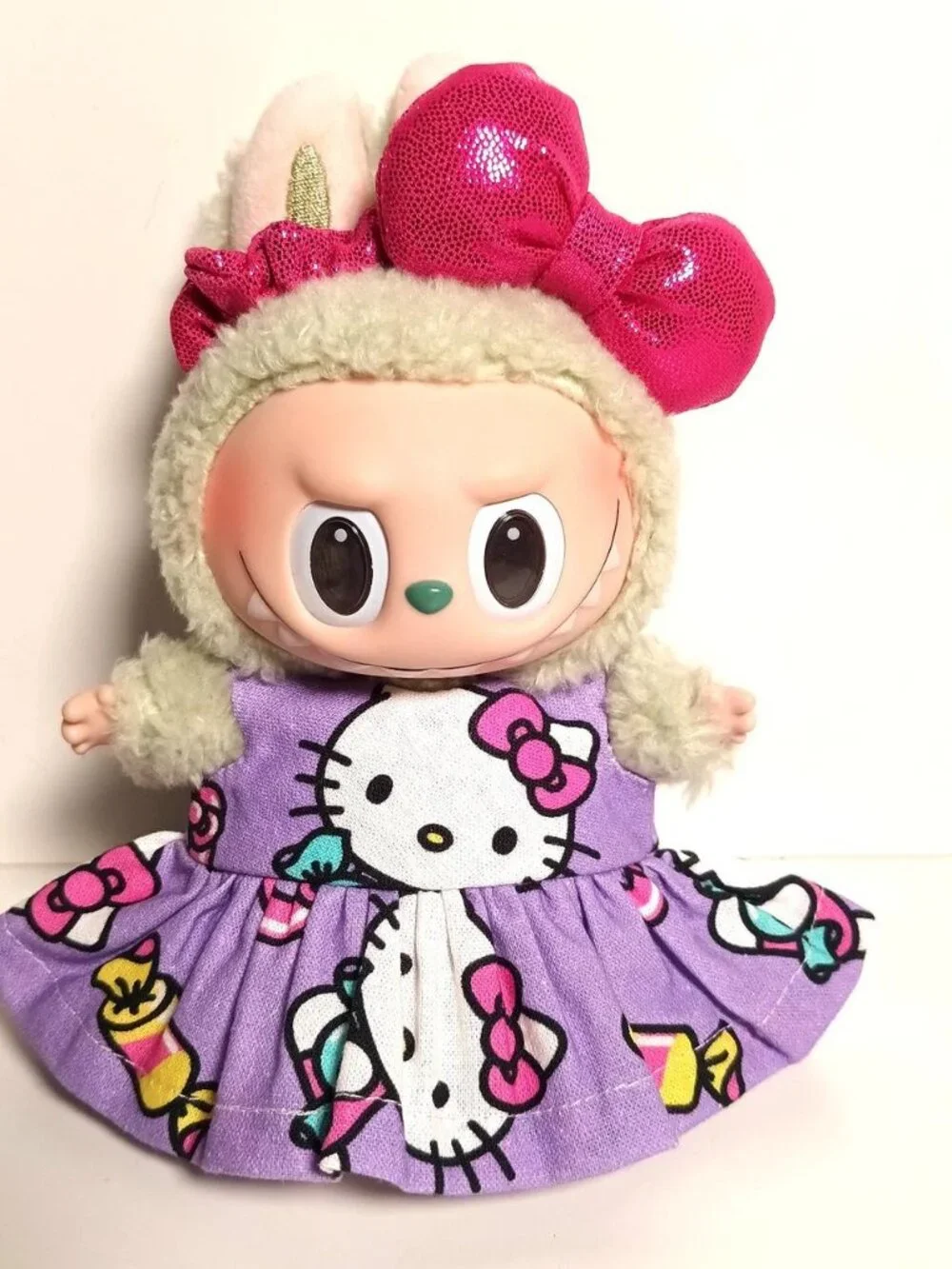 Custom Hello Kitty Dress and Metallic Bow Made to fit Labubu